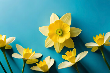 Top view, Yellow daffodil head on sky blue background, flat lay