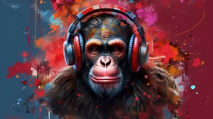 Monkey listening to music on headphones. Generative AI