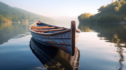 Traditional rowing boat on a lake. Generative AI