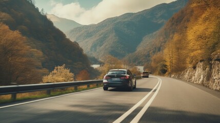Car drives along a mountain road. Generative AI