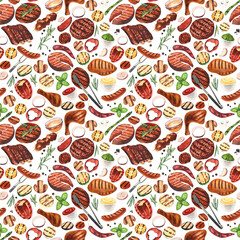 Watercolor seamless pattern barbecue. Elements for cooking bbq - grill, chicken and meat. Hand-drawn illustration isolated on white background. Perfect concept food menu, food drawing, design packing