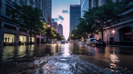 Flooded cars on the street of the city. Generative AI - obrazy, fototapety, plakaty