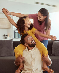 Family home, pretend airplane and kid with mom, dad and young girl together with fun. Living room,...