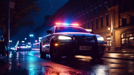 Police Car at Night with Lights On. Generative AI