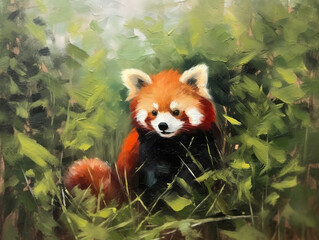 A Minimalist Oil Painting of a Red Panda in Nature | Generative AI