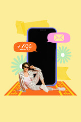 Poster banner image collage of tourist lady travel agent booking trip resort using cell smart...