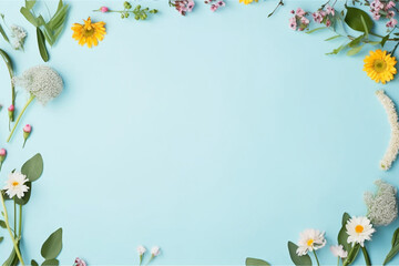 Spring flower frame on blue background copy space flat lay mock up