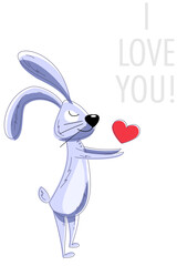 Postcard with a cute blue rabbit. The rabbit stands on its paws, sends a heart to someone. The hare gives a heart. Postcard template for declaration of love, wishes, congratulations
