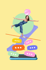 Surreal creative template collage of mini lady balance on mind clouds talk network with cell smart gadget reserve summer resort