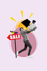 Poster banner mockup collage of shopaholic guy buying many summer stuff carry season sale concept