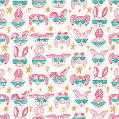 Bunnies Vector Seamless pattern. Hand Drawn Doodle Cute Stylish Trendy Hipster Rabbits with Sunglasses endless background