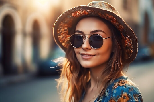 generative AI tools, Cheerful and happy Young beautiful smiling hipster woman posing in the street near wall in hat at sunset. Positive model outdoors in sunglasses.  