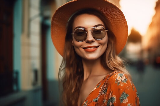 generative AI tools, Cheerful and happy Young beautiful smiling hipster woman posing in the street near wall in hat at sunset. Positive model outdoors in sunglasses.  
