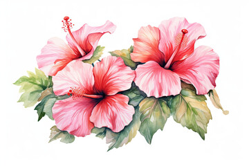 Tropical summer watercolor banner with hibiscus and plants