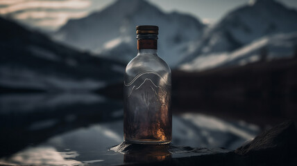 Fototapeta The bottle of alkohol stands on a peeking surface, in which the mountain snowy peaks are reflected, generative AI tools  obraz