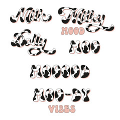 Milk Cow Moo text with cow print clipart set isolated on white. 