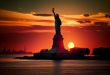 Statue of Liberty with sunset Generative AI