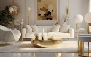 Fototapeta na wymiar Ivory and gold living room with modern furniture and abstract art, Generative AI 