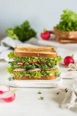 Large closed tasty fresh sandwich with lettuce, curd cheese ham, cucumber, radish and microgreens on the background of various sandwich ingredients, versatility