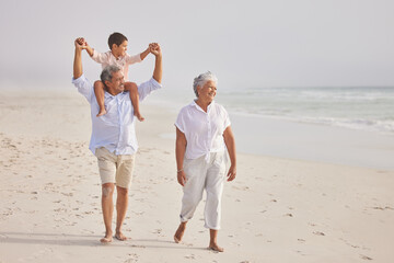 Family, grandparents walking with child on beach and travel, love and vacation with mockup space...