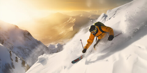 Extreme skier descending down a rocky mountain. Generative AI