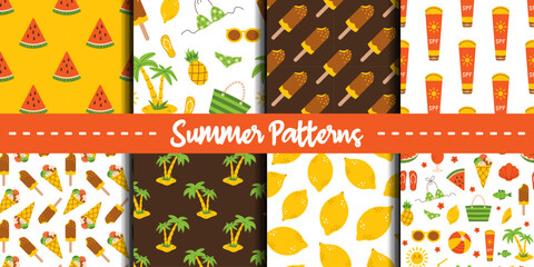 Vector set of summer seamless patterns. Beach holiday backgrounds. Sunscreen, ice cream, watermelon, lemon, palm tree and other summer elements. Happy summer pattern big collection.