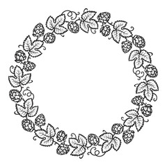 Round frame made of beer hops branches with leaves and hop cones. Decorative wreath. Hand drawn vector illustration.