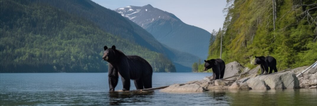 Three black bears are standing on a rock in the water. Generative AI image.