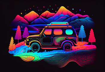 neon colour car with landscape Generative AI