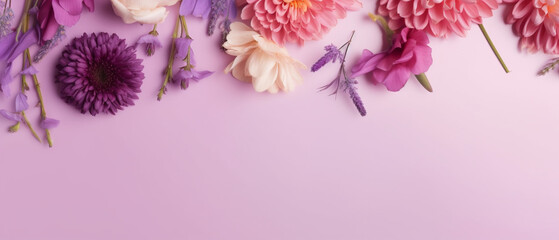 Top view pink and purple flowers composition over pastel background copy space on left