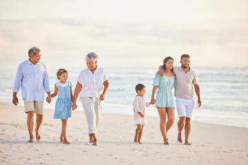 Family, holding hands and walk on beach, generations and people travel together, grandparents and...