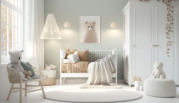This is a light-colored, Scandinavian-style nursery with a minimalist design. (Generative AI)