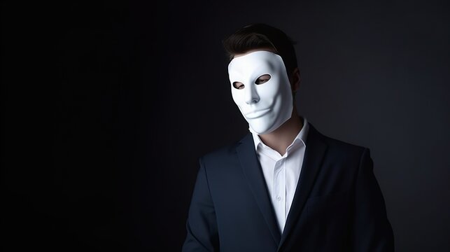 Anonymous unknown businessman covering her face with white mask, hiding her real personality, anonymity, wearing official style suit. Indoor studio shot isolated on gray background