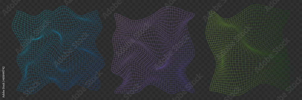 Poster distorted neon grid pattern. warped mesh texture. retro punk design elements. wireframe wave geometr