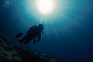 Fototapeta na wymiar Technical scuba diver in a horizontal position with sun rays blue background, High quality photo, Can be used as a background for a banner