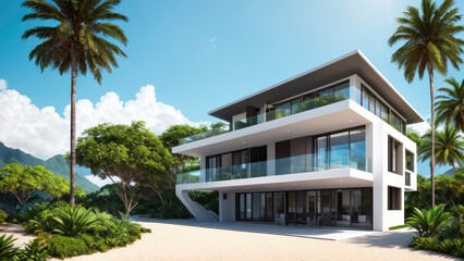 Fototapeta na wymiar Modern technological home on the tropical island, concept of eco-frendly house