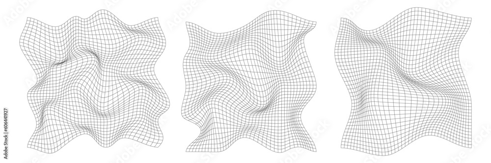 Poster distorted square grid. warped mesh texture. retro punk design elements. wireframe wave geometry grid