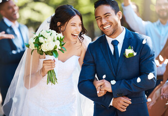 Love, laughing and couple walking at their wedding with guests in celebration of romance. Happy,...