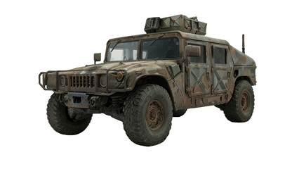 Old rusty military car, isolated on white background.