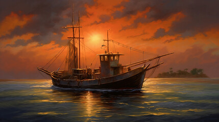 Fototapeta na wymiar Evening fishing boat, Generative Ai
