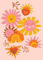 Groovy Hippie 70s Poster with Suns, Rainbow, Heart and Shell. Vector Psychedelic Background in Trendy Retro Cartoon Style for Case Phone, Note Cover, Flyer, Cards, Social media Stories.