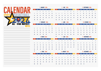 Sports calendar 2024. Vector template. Basketball competitions. Planner 2024 year. Wall calendar. 