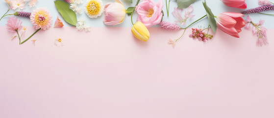 Spring flower frame on pastel background copy space flat lay mock up