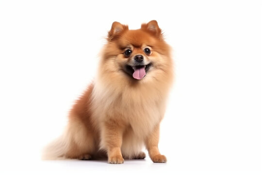 Red Pomeranian dog panting and sitting in front isolated on white