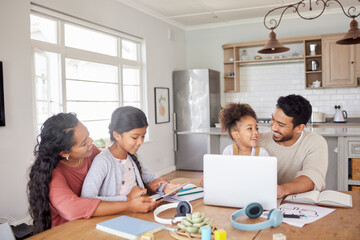 Elearning, laptop and parents with their kids in the dining room of their family house. Technology,...