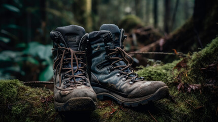 Trekking boots stand in the forest. Ai generated.