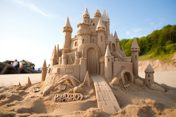 A whimsical sand castle masterpiece resembling a fairy tale castle, complete with turrets, drawbridge - Generative AI