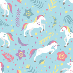 Hand drawn seamless vector pattern with cute unicorns, stars, hearts, diamonds. Perfect for fabric, wallpaper, wrapping paper or nursery decor.