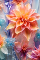 multicolored decorative background with close-up flowers and liquid paint, ai generated image