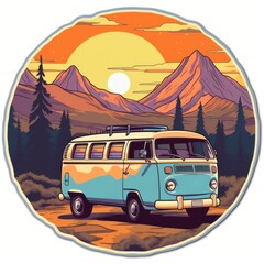 sticker with old classic camper van with the landscape as a background, ai tools generated image
